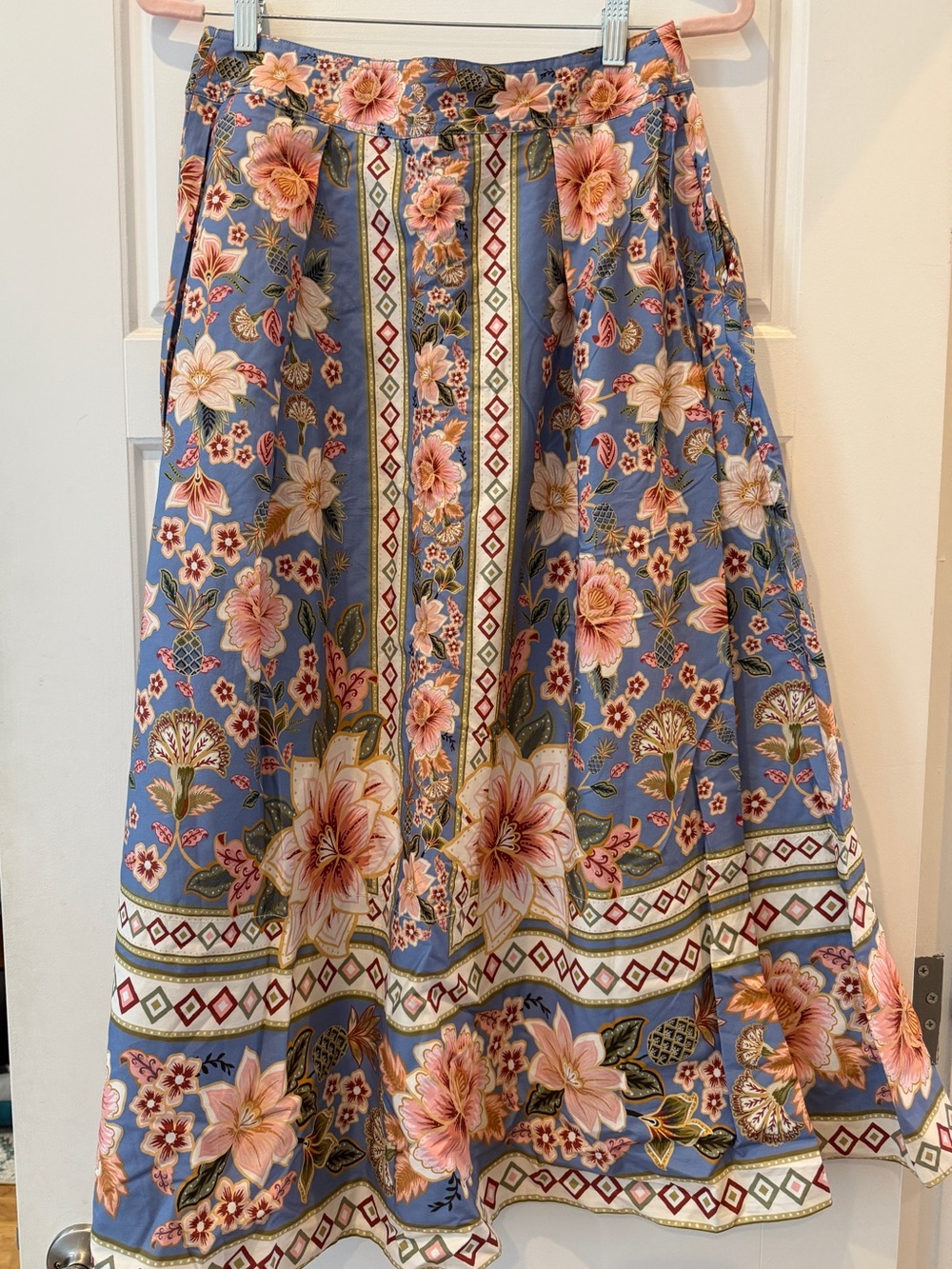 FARM Rio Blue Floral Border Midi Skirt with Pink Blossoms size S - Picture 3 of 9